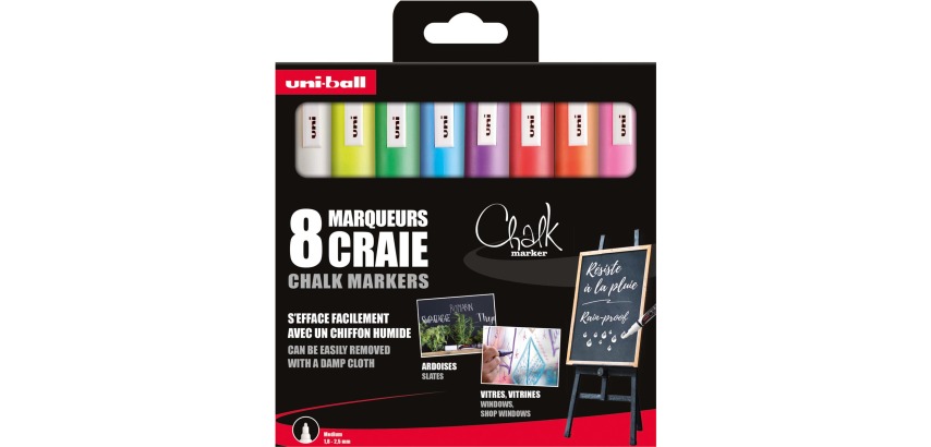 Uni-ball chalk marker, round tip 1.8 - 2.5 mm, set of 8 pieces, assorted