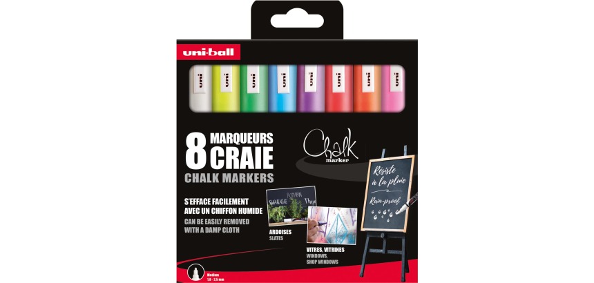 Uni-ball krijtmarker, ronde punt 1,8 - 2,5 mm, etui van 8 stuks, assorti