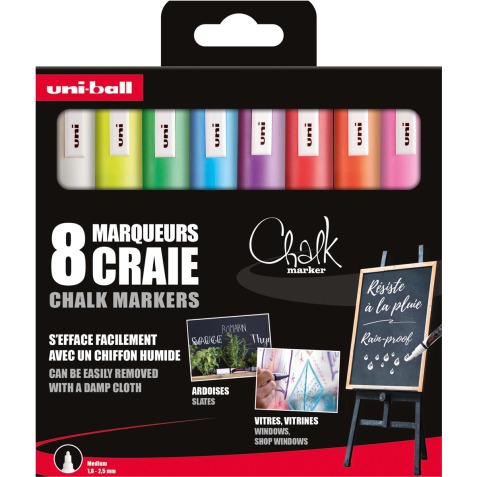 Uni-ball krijtmarker, ronde punt 1,8 - 2,5 mm, etui van 8 stuks, assorti