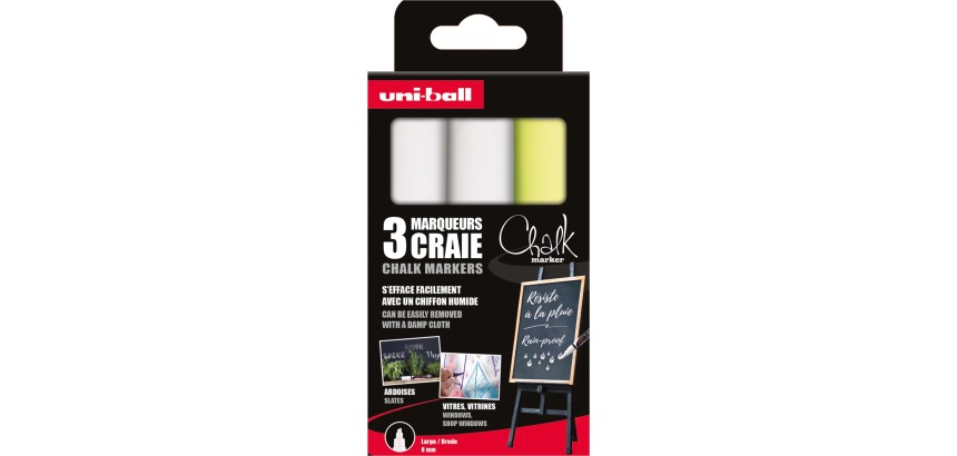 Uni-ball chalk marker, 8 mm chisel tip, set of 3 pieces, assorted