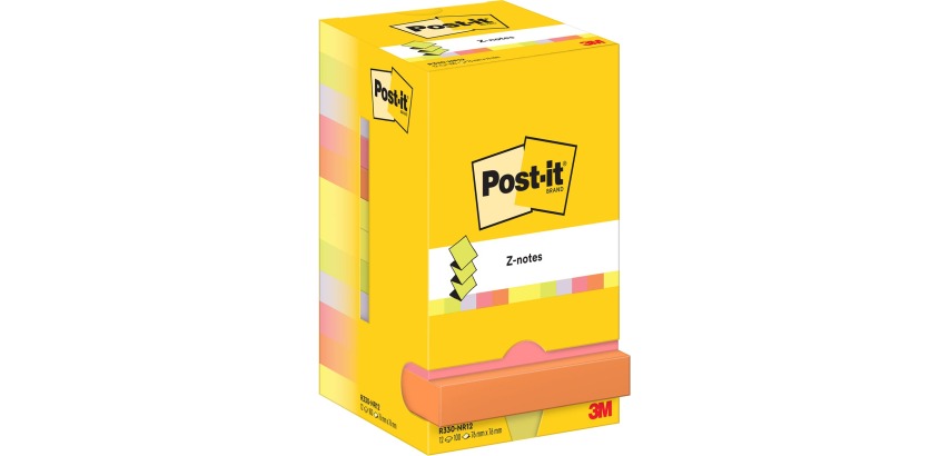 Post-it Z-Notes, 100 Blatt, Größe 76 x 76 mm, Packung mit 12 Blöcken, neonfarbene Sortierung