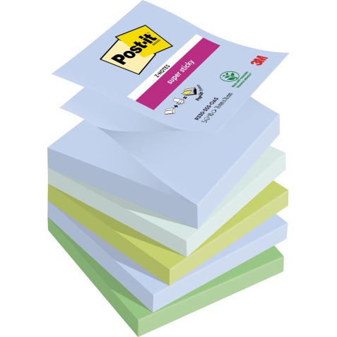 Post-it Super Sticky z-notes Oasis, 90 feuilles, ft 76 x 76 mm, couleurs assorties, paquet de 5 blocs