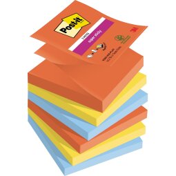 Post-it Super Sticky z-notes Playful, 90 feuilles, ft 76 x 76 mm, couleurs assorties, paquet de 6 blocs