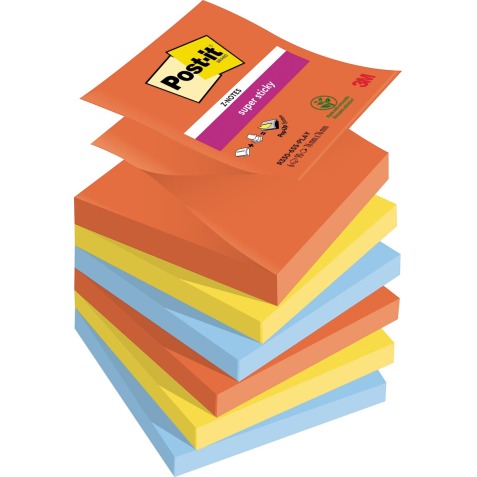 Post-it Super Sticky z-notes Playful, 90 feuilles, ft 76 x 76 mm, couleurs assorties, paquet de 6 blocs