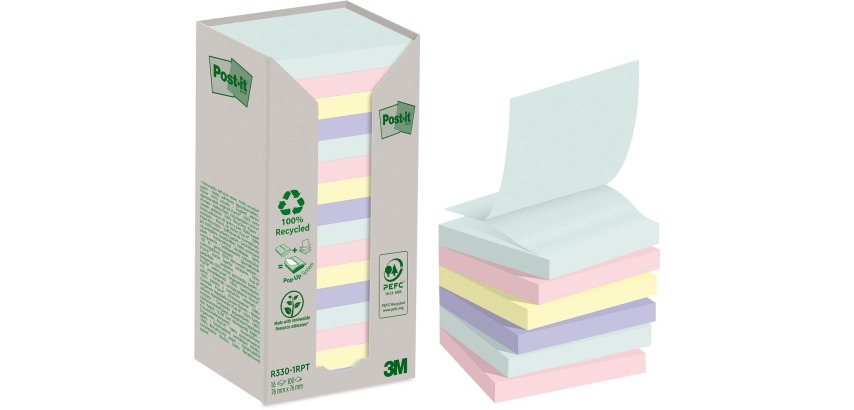 Recycled Post-it Z-Notes, 100 sheets, size 76 x 76 mm, assorted, pack of 16 pads