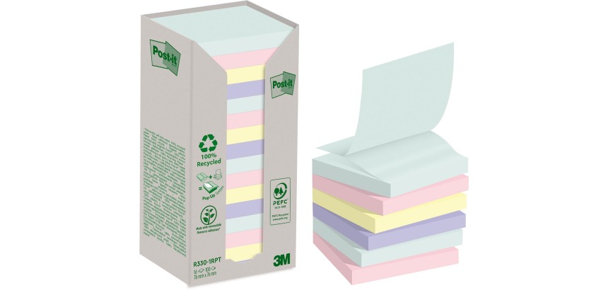 Post-it recycled Z-notes, 100 vel, ft 76 x 76 mm, assorti, pak van 16 blokken