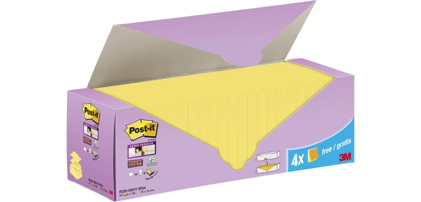 Post-it Super Sticky Z-notes, 90 vel, ft 76 x 76 mm, doos van 20 + 4 gratis, geel