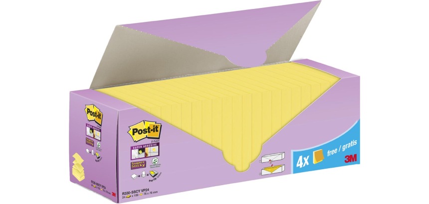Post-it Super Sticky Z-Notes, 90 sheets, 76 x 76 mm, box of 20 + 4 free, yellow