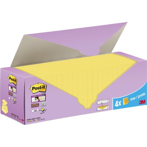 Post-it Super Sticky z-notes, 90 feuilles, ft 76 x 76 mm, boîte de 20 + 4 gratis, jaune