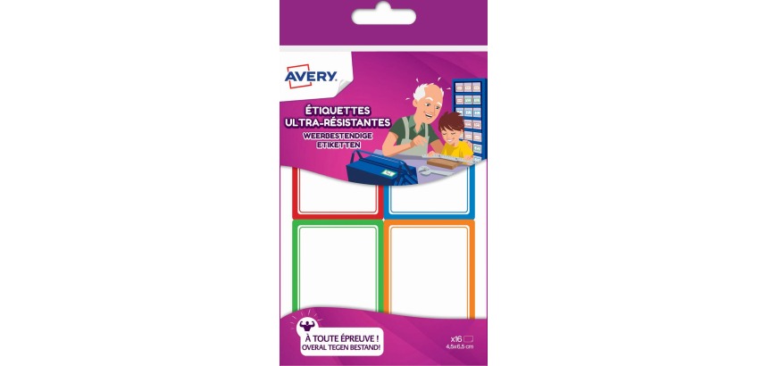 Avery Family ultra-beständige Etiketten, 4,5 x 6,5 cm, klappbare Box mit 16 farbigen Etiketten