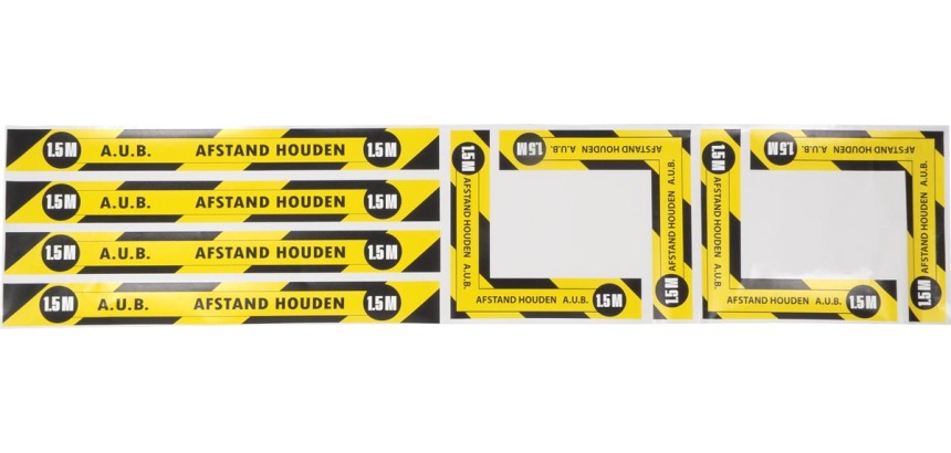 Set autocollants barrage de l'espace de travail, texte (en néerlandais): a.u.b. 1,5 m afstand houden