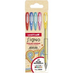 Uni-ball roller Signo Glitter, pointe large, couleurs assorties, étui de 5 pièces