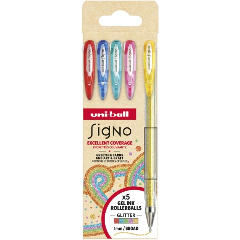Uni-ball roller Signo Glitter, pointe large, couleurs assorties, étui de 5 pièces