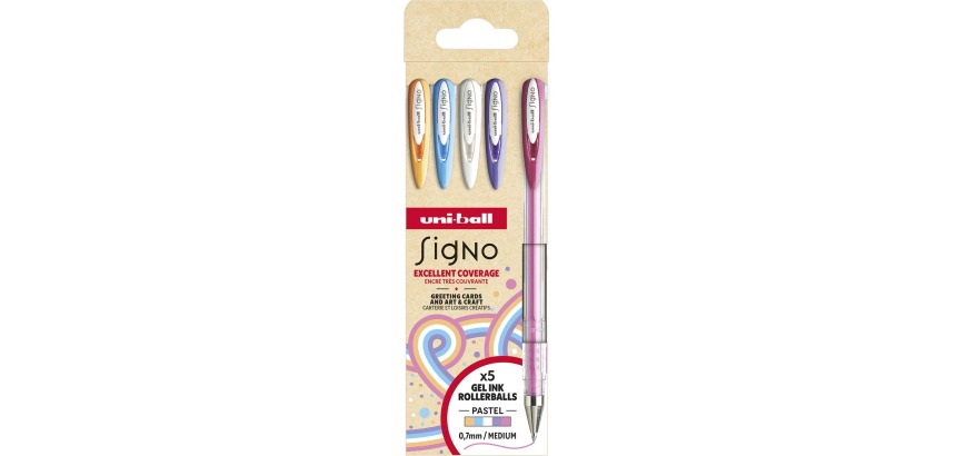 Uni-ball roller Signo Pastel, medium punt, geassorteerde kleuren, etui van 5 stuks