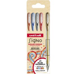 Uni-ball roller Signo Mettalic, pointe moyenne, couleurs assorties, étui de 5 pièces