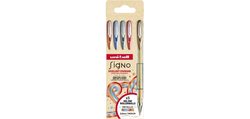 Uni-ball roller Signo Metallic, medium punt, geassorteerde kleuren, etui van 5 stuks
