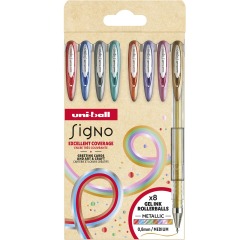 Uni-ball roller Signo Mettalic, pointe moyenne, couleurs assorties, étui de 8 pièces