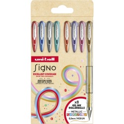 Uni-ball roller Signo Mettalic, pointe moyenne, couleurs assorties, étui de 8 pièces