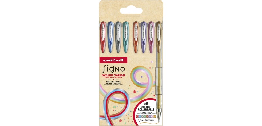 Uni-ball Roller Signo Metallic, mittlere Spitze, verschiedene Farben, 8-teiliges Etui