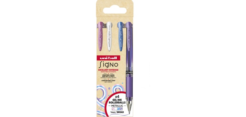 Uni-ball roller Signo Broad Creative, brede punt, etui van 4 stuks: roze, wit, blauw, paars
