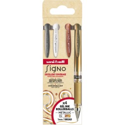 Uni-ball roller Signo Broad Creative, pointe large, étui de 4 pièces: argent, blanc, bronze, or