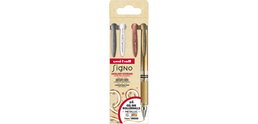 Uni-ball roller Signo Broad Creative, pointe large, étui de 4 pièces: argent, blanc, bronze, or