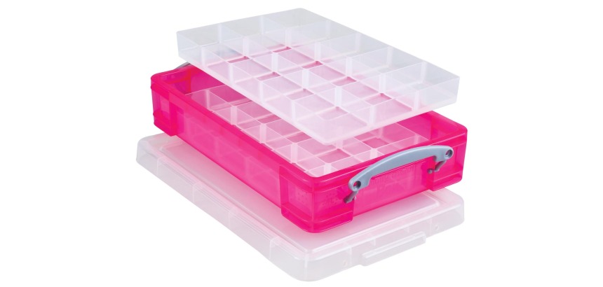 Really Useful Box boîte de rangement 4 litres avec 2 diviseurs, rose vif transparent