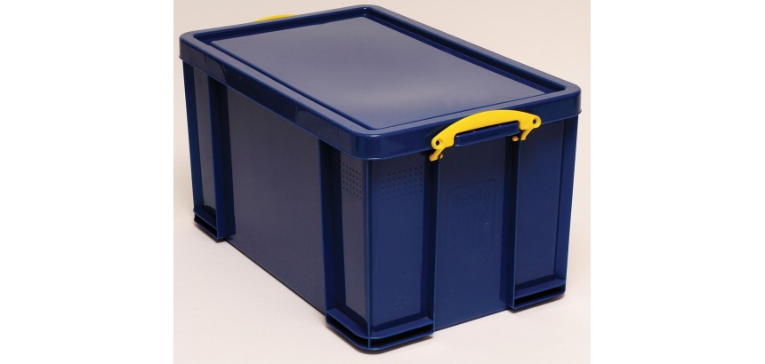 Really Useful Box boîte de rangement 84 litre, bleu foncé avec poignées jaunes
