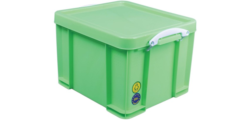 Really Useful Box 35 litre storage box, neon green with white handles