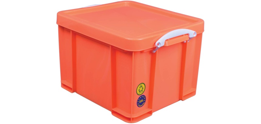 Really Useful Box opbergdoos 35 liter, neonoranje met witte handvaten