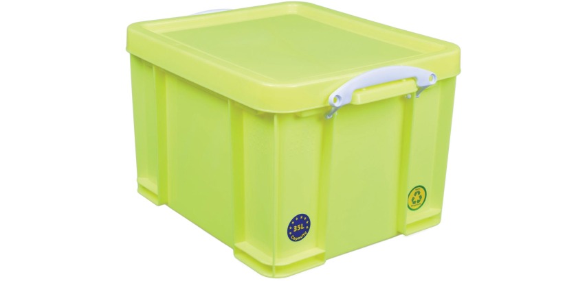 Really Useful Box boîte de rangement 35 litre, jaune néon avec poignées blanches
