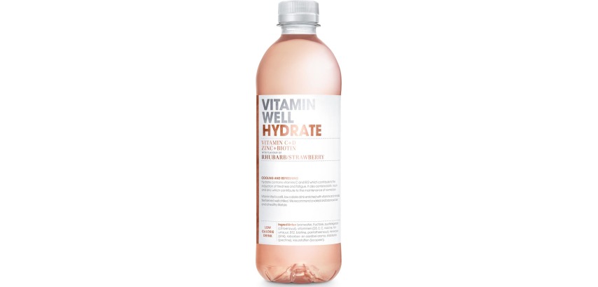 Vitamin Well eau vitaminée Rhubarb & Strawberry, bouteille de 0,5 L, paquet de 12 pièces