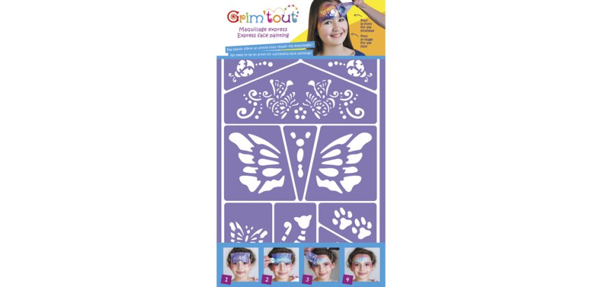 Lot de 4 pochoirs maquillage thème pirate, chevalier, jungle, chat et papillon, conte de fées