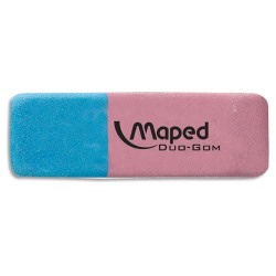 Gomme maped duo-gom mixte caoutchouc large côté rose crayon côté bleu encre