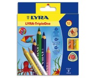 Crayon couleur lyra triple one 3en1 triangulaire aquarellable 120mm craie grasse mine 6.25mm diamètre étui carton 12u