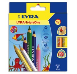 Crayon couleur lyra triple one 3en1 triangulaire aquarellable 120mm craie grasse mine 6.25mm diamètre étui carton 12u