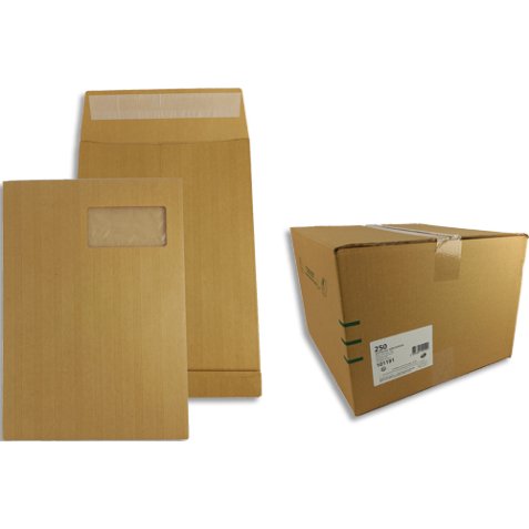 Boîte de 250 pochettes kraft Milleraies auto-adhésives 120g 3 soufflets 229x324mm C4 fenêtre 50x110