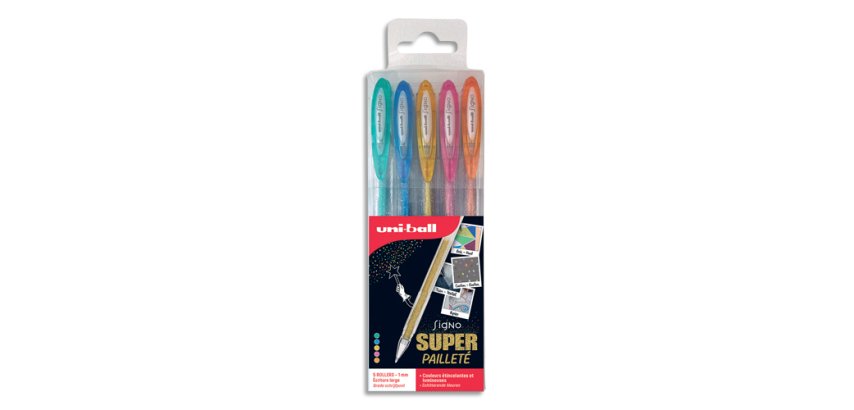 Stylo roller Uni Ball Signo pointe 0,8 mm couleurs assorties pailletées- Pochette de 5