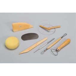 Kit du potier 8 outils Eponge, estèque bois + métal, tournasin, mirette, aiguille, ébauchoir, fil