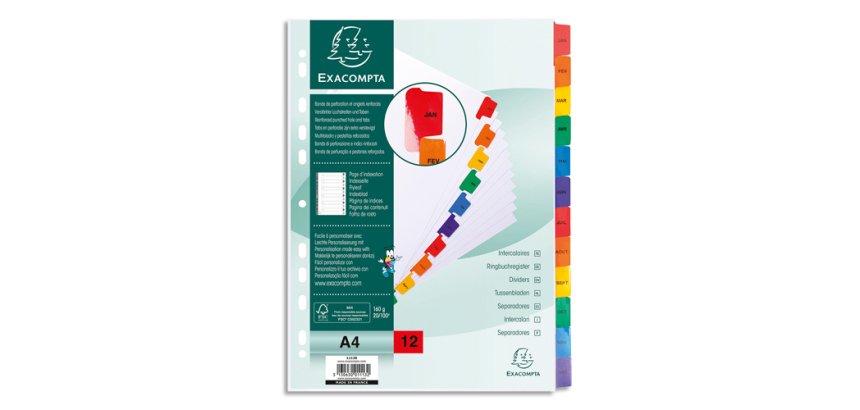 Intercalaire A4 carte bristol blanc Exacompta 12 onglets mensuels - Coloris assortis - 1 jeu