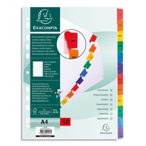Intercalaire A4 carte bristol blanc Exacompta 12 onglets mensuels - Coloris assortis - 1 jeu