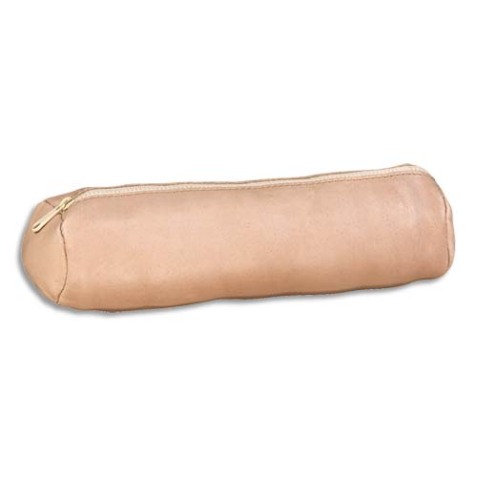 Trousse fourre-tout ronde en cuir teinté. Coloris Nude (Beige Clair). Dimensions : 22 x 6 cm