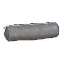 Trousse fourre-tout ronde en cuir teinté. Coloris Gris Souris. Dimensions : 22 x 6 cm