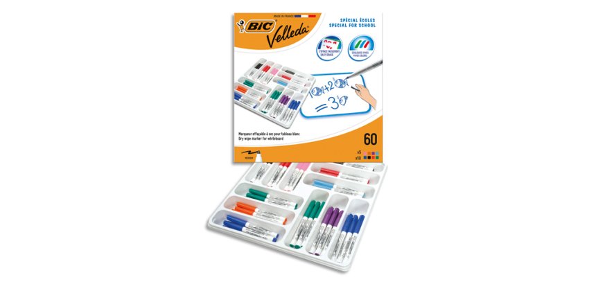 Marqueur bic velleda 1741 effacable pointe ogive encre  base alcool inodore 8 coloris assortis medium classpack 60