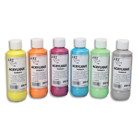 Lot de 6 flacons 250ml d'acrylique. Assortis : Jaune, Orange, Rouge, Bleu, Vert, Gris