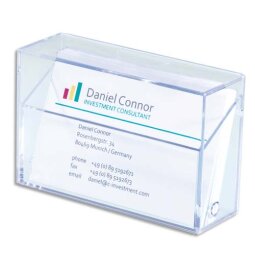 Boîte pour cartes de visite plastique rigide, capacité 100 cartes L 9,5 x H 6 x P 3 cm transparent