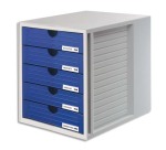 Module de classement Systembox, 5 tiroirs, en polystyrène, gris et bleu. Dimensions  L 27,5 x H 32 x P 33 cm
