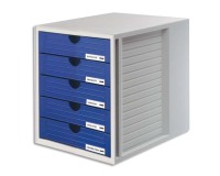Module de classement Systembox, 5 tiroirs, en polystyrène, gris et bleu. Dimensions  L 27,5 x H 32 x P 33 cm