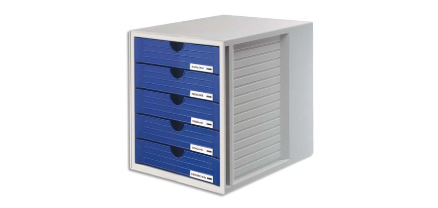 Module de classement Systembox, 5 tiroirs, en polystyrène, gris et bleu. Dimensions  L 27,5 x H 32 x P 33 cm