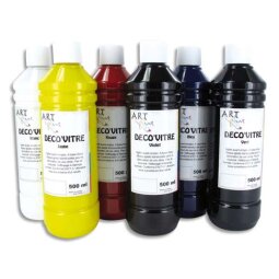 Coffret de 6 flacons de 500ml de peinture déco vitre, Blanc, Jaune, Rouge, Violet, Bleu, Vert